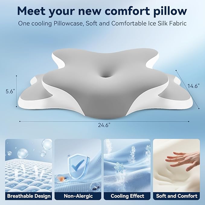 Sleep Apnea Pillow with Neck Pain & Snoring Relief -Orthopedic Cervical Pillow, Ergonomic Contour Memory Foam for Side, Back,Stomach Sleepers, Medium Firm (Grey,Queen Size)