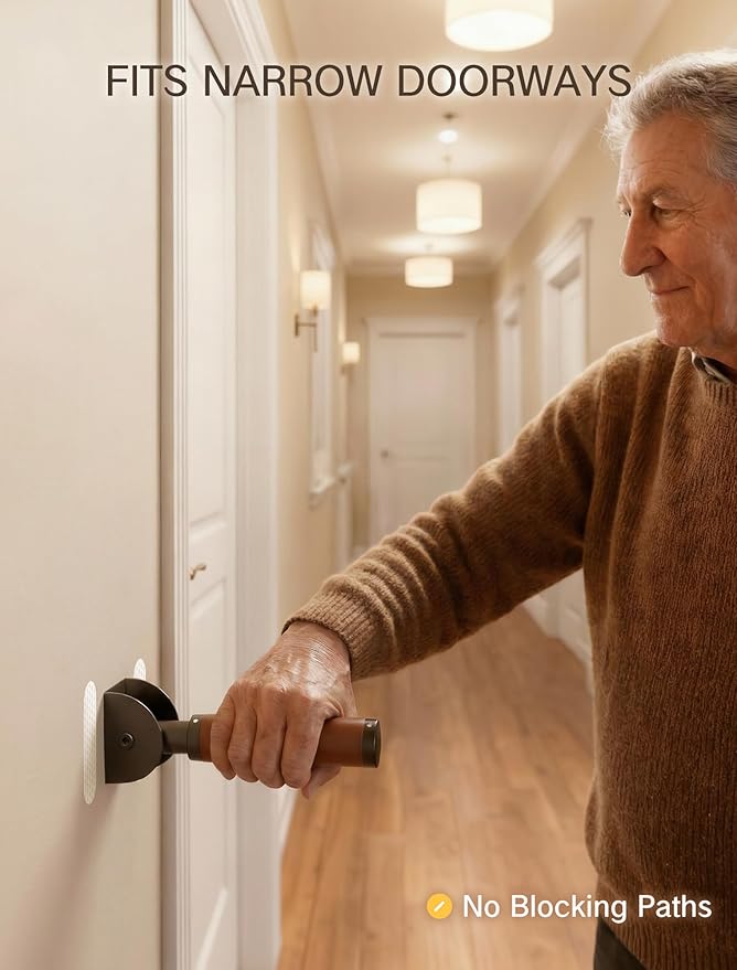 Flip Up Grab Bar for Doorway & Bathroom, Magnetic Folding Safety Handrail for Seniors, 300lbs Wall Mount Assist Handle with Reflective Sticker & Non-Slip Leather Grip, Brown