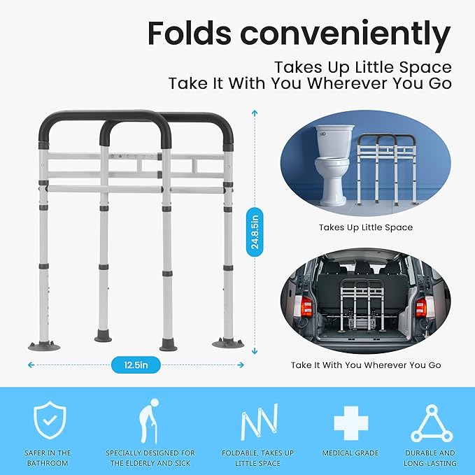 Careboda Toilet Safety Rails, Toilet Frame for Seniors, Elderly & Disabled, Toilet Rails Adjustable, Foldable Toilet Handles, Non-Slip Foot Mats, Easy to Store, Fit Any Toilets, 300lbs Capacity