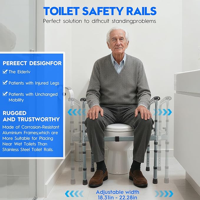 Toilet Safety Rail for Seniors – Adjustable & Foldable Toilet Safety Frame with Padded Handles, Stand Alone Bathroom Safety Rail & Toilet Support for Elderly, Fits Most Toilets, 350 lb Capacity