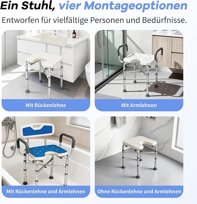 U 2-Level Width Adjustable Heavy Duty Shower Chair for Inside Shower and Tub w/Reinforced X-Bar, 550lbs Shower Seat for Bathtub w/Arms and Back for Seniors, Handicap, Bariatric, Elderly and Disabled
