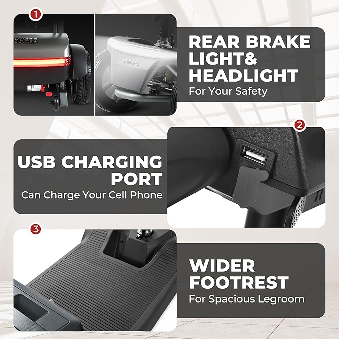 Metro Mobility 4 Wheel Powered Mobility Scooters, 330 lbs Capacity Mobility Scooters for Adults, Folding Mobility Scooter Lightweight, Electric Scooters for Seniors 15 Miles Range LED Light Black