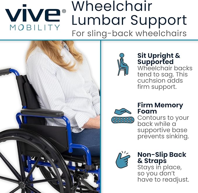 Vive Wheelchair Lumbar Support Cushion for Sling Back Wheel Chairs - Chair Pad for Back Pressure Relief - Memory Foam Backrest - Fits Most Wheelchairs & Transport Chairs - Improves Posture