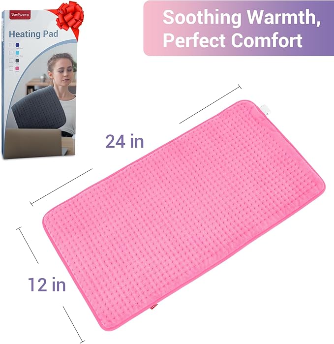 Comfytemp Heating Pad for Back & Period, Electric Extra Large Heat Pad, Birthday Gifts for Women Mom Dad & Mother Day Gift, Moist Neck Shoulder Legs Arm Knee Abdomen Heated Pad Washable, 12"x24", Pink