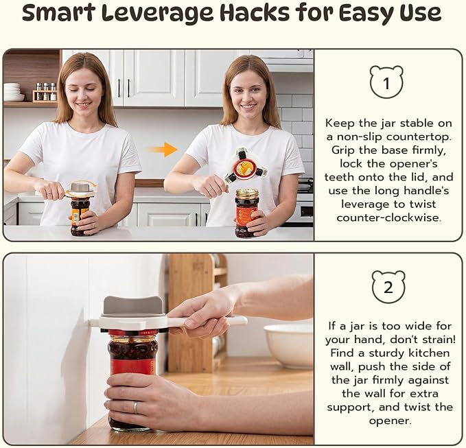 Mcbazel 4-in-1 Adjustable Jar Opener for Seniors with Weak Hands, Lightweight ABS & Stainless Steel Teeth Bottle Opener, Multi-Functional Lid Remover for 0.6"-3.5" Caps & Beer Bottles