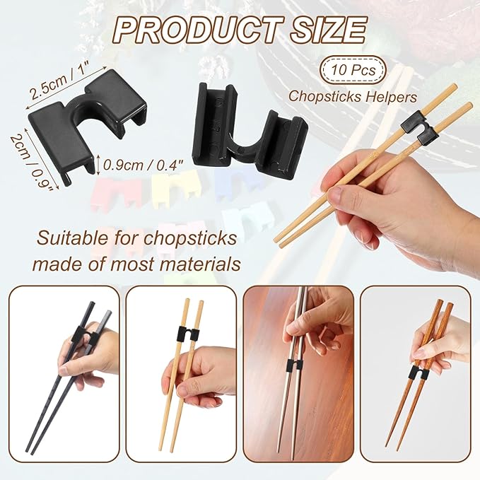 uxcell 10 Pcs Chopsticks Helper, Reusable Training Chopstick Hinges Connector Practice Chop Sticks Helpers for Adult Beginners Learners, Black