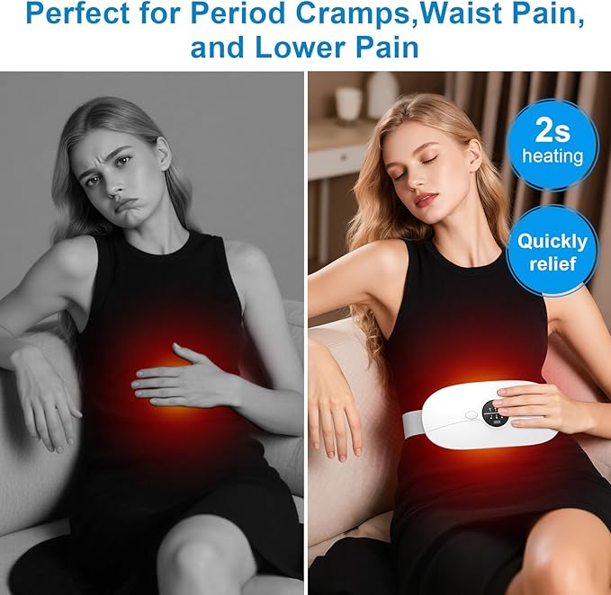 Cordless Portable Heating Pad, 3 Heat & 3 Massage Modes Wearable Warming Belt, Electric Belly and Back Heat Pad for Women Comfort, Fast Heating Waist Wrap for Home Office, White