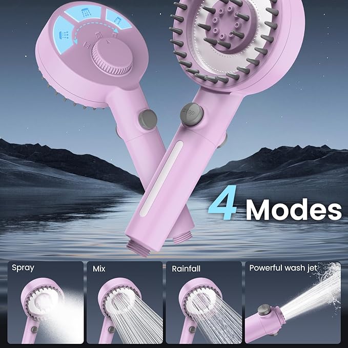 PWERAN Filtered Shower Head with Handheld, High Pressure 4 Spray Mode Showerhead with Filters, Water Softener Beads for Hard Water with ON/OFF Switch for Pets - Remove Chlorine (Purple, 5 Inch Panel)