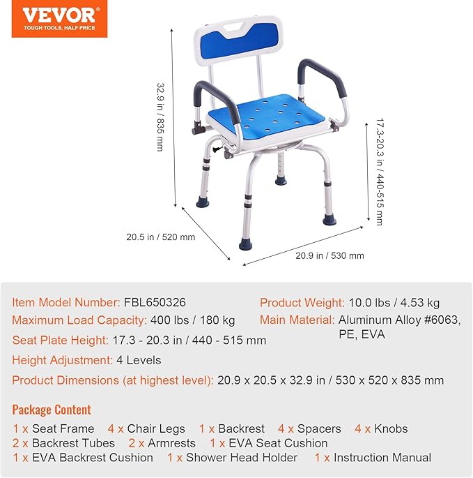 VEVOR Swivel Shower Chair 360 Degree, Adjustable Shower Seat with Pivoting Arms for Inside Showers or Tubs, Non-Slip Rotating Bathtub Shower Chair for Elderly Disabled Injured, 400LBS Capacity