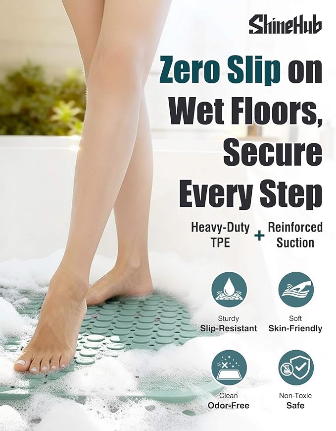 7mm Extra Thick TPE Bath Mat, Non-Slip Shower Mat for Bathroom and Tub, 28x16 Inch with Drainage Holes and Stability Grip, Machine Washable, Smoke Pine Green