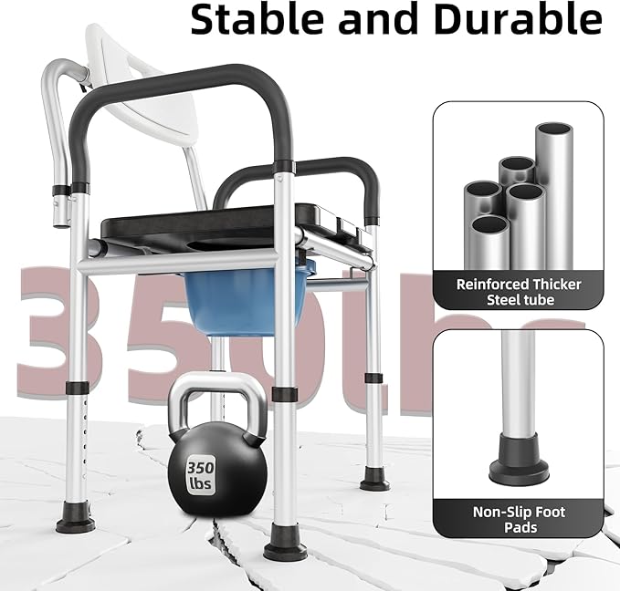 Heavy Duty Bedside Commode Chair with Adjustable Height, Raised Toilet Seat with Arms Handles and Back Support for Elderly, Portable Bedside Toilet with Bucket（Width 19.69")