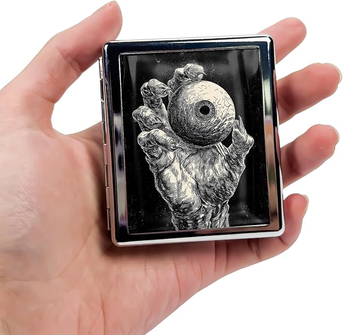 Metal Pill Organizer Box with Mirror – 8 Compartment Chrome Pill Case, Pocket-Size Travel Pill Container for Vitamins, Seniors, Daily Use (Grayscale Horror Eyeball)