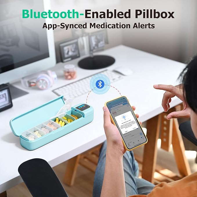 Daviky Smart Pill Organizer with Alarm, Bluetooth Daily Once a Day Pill Box 7 Day with APP, Weekly Travel Pill Case, Portable Pill Reminder for Medicines, Supplements and Vitamins(Green)