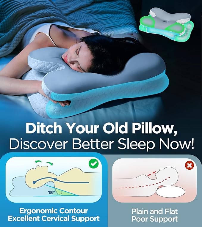 Osteo Enjoy Pain Relief Sleeping Cervical Neck Pillow, Ergonomic Contour Zoned Fits Side Sleeper, Non-Temperature Affected Memory Foam Pillows, Q-max Cooling Pillow Support Back Stomach Sleepers