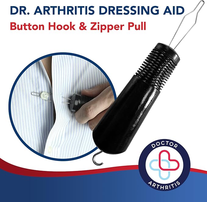 Button Hook & Zipper Pull, Assist, Helper Device, Dress Clothes Tool, Button Shirts Aid, One Hand, Disability, Handicapped and Seniors by Dr. Arthritis (Single)
