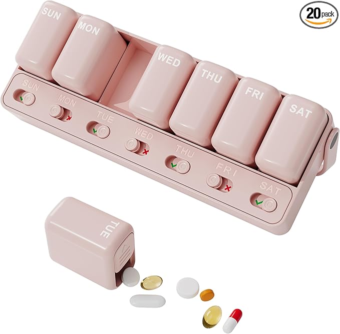 Restree Weekly Pill Organizer 7 Day, Large Capacity Pill Box with Reminder Indicator, Easy Slide Open Detachable Travel Pill Case for Vitamins Supplements & Daily Medications (Pink)