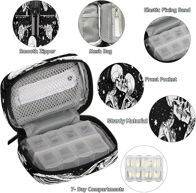 Weekly Travel Pill Organizer Case for Purse with Removable 7 Day Box Portable Compact Size Pill Box Fashionable Pill Container for Medicine Vitamin Supplement Skull Halloween Goth