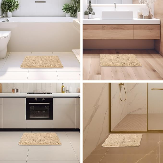 Ivory Cream Bathroom Rugs – Absorbent and Washable Bath Mat, Non-Slip, Thick Soft Chenille Bath Rugs for Bathroom Floor, Shower, Sink - 17" x 24"