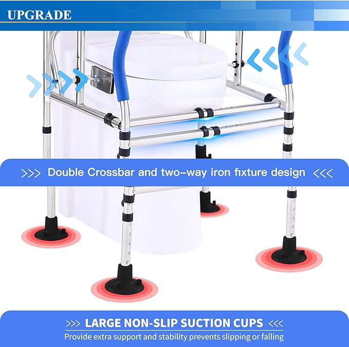 Toilet Safety Rail Frame, Heavy Duty Stand Alone Toilet Rail with Handles for Elderly Handicap, Adjustable Height & Width, Double Crossbar & Suction Cups, 330lbs Capacity, Fits Most Toilets