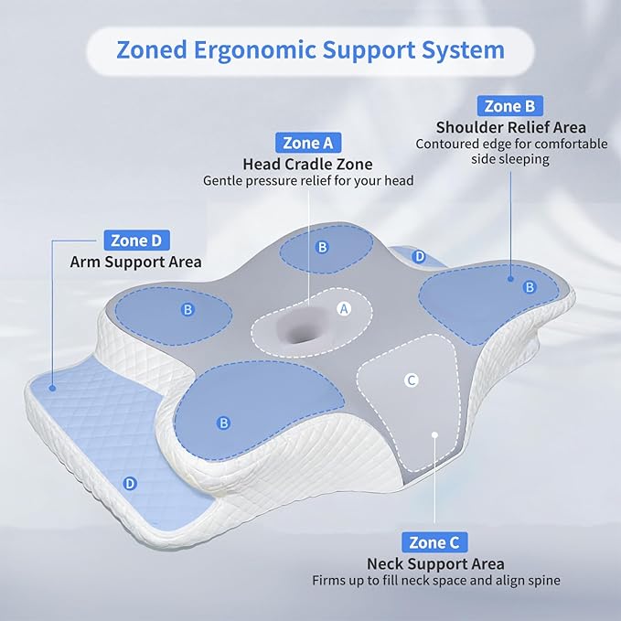 Cervical Pillow for Neck Pain Relief, Hollow Design Memory Foam Bed Pillow for Side & Back Sleepers, Ergonomic Contour Orthopedic Bed Pillow with Adjustable Support (White with Grey)