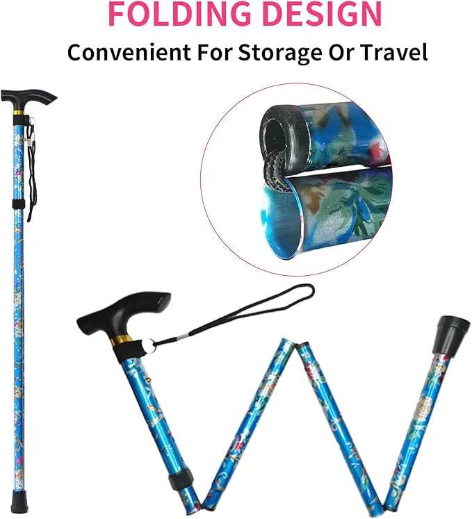 Folding Cane, 5-Level Adjustable Height Lightweight Portable Foldable Walking Canes with Wrist Strap and T Handle for Men Women Seniors