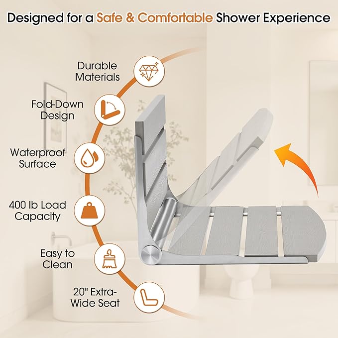 20" Folding Shower Seat, Fold Down Shower Seat Wall Mounted, Stainless Steel Frame with HDPS Seat, 400 lb Load Capacity, Folding Shower Bench for Seniors & Elderly (Gray)