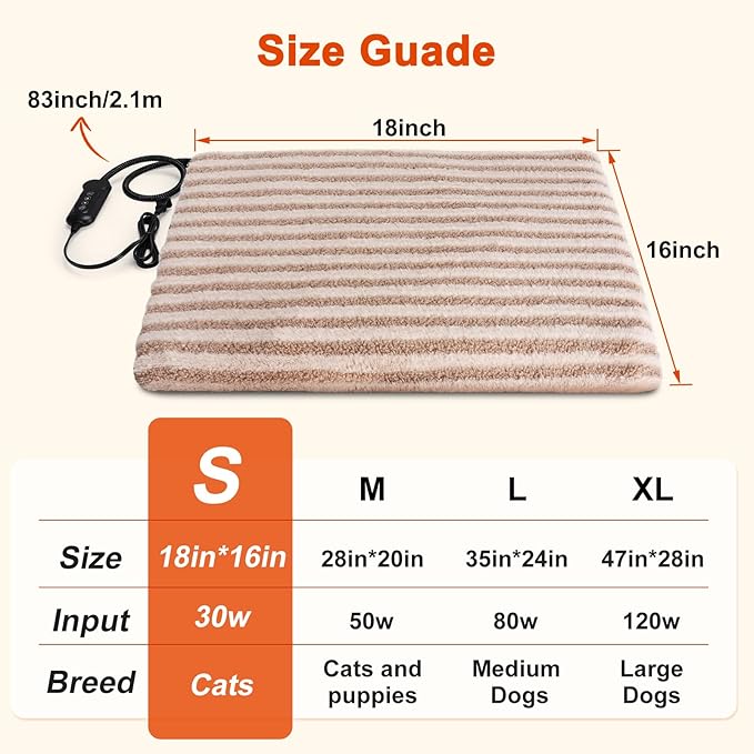 SHU UFANRO Pet Heating Pad, Waterproof Heated Cat Bed with 11 Adjustable Temperatures & 24H Timer, Auto Shut-Off, Chew-Resistant Cord, Washable Cover, Indoor Electric Heating Mat, Beige, S(18" x 16")