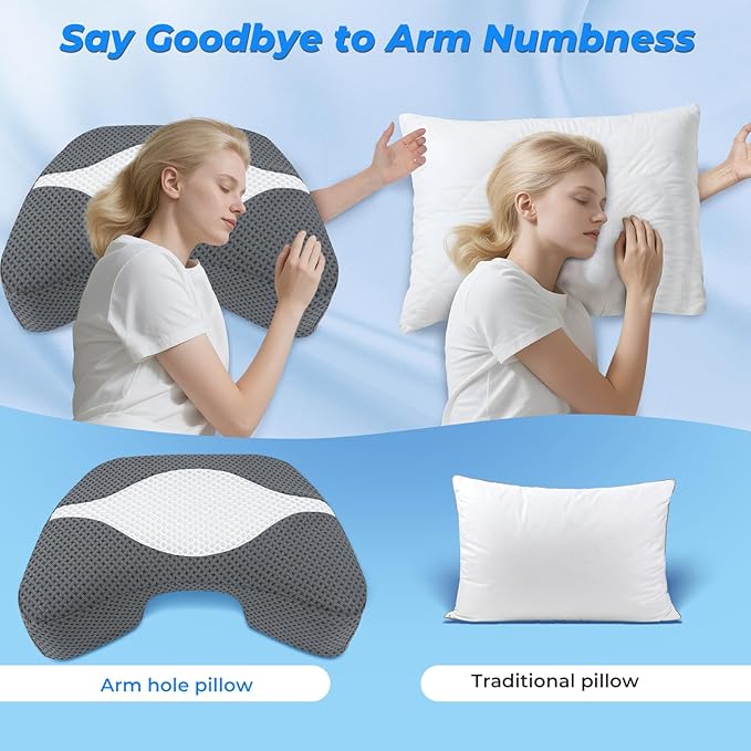 SAHEYER Side Sleeper Pillow with Arm Hole, Upgraded Memory Foam Shoulder Pillow for Neck Pain Relief, Adjustable Multi-Angle Arm Tunnels Support for Adults Pressure-Free Sleep (Grey)