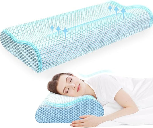 CloudBliss Memory Foam Pillow, Ergonomic Neck Contour Cervical Pillow for Back and Shoulder Pain, Orthopedic Pillow for Neck Pain Relief, for Sleeping Side, Back, Stomach Sleepers - Blue, King