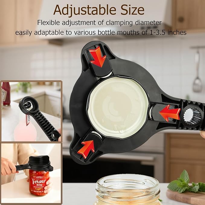 4-in-1 Jar Opener, Adjustable Jar Opener for Seniors, Kitchen Tool Designed Specifically for Seniors and Those with Limited Physical Strength, Suitable For Beer, Salad Dressing, Jar (Black)
