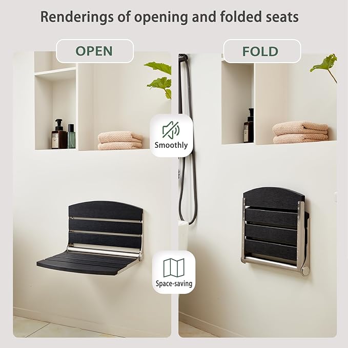 17.5" Wall Mounted Shower Seat, Fold Down Shower Seat Wall Mounted, HDPS Foldable Shower Seat, Folding Shower Seat Attached to Wall, for Inside Shower, Home Care(Black)