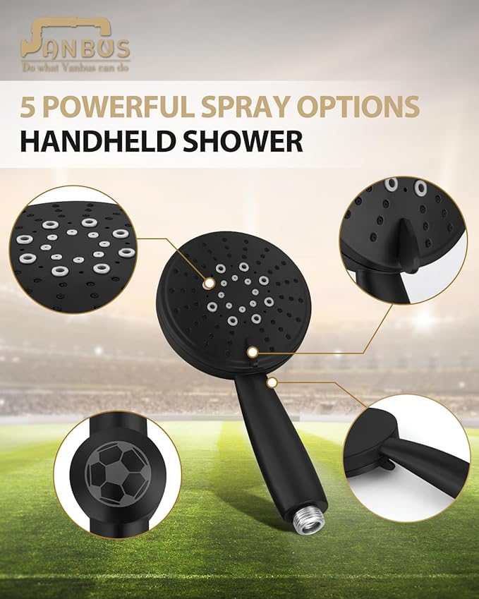 All Metal Handheld Shower Head with Adjustable 30-Inch Shower Slide Bar and 59-Inch Hose, 5-Function 3.2GPM High Pressure Handheld Shower Head with Drop Ell and Holder, Matte Black