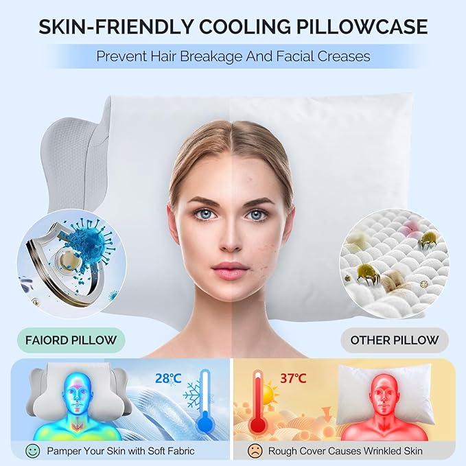 Cervical Pillow for Neck Pain Relief - Cooling Ergonomic Dual-Sided Orthopedic Neck Pillow with Ice Silk Pillowcase Breathable Memory Foam Contour Pillow for Side, Back, Stomach Sleepers