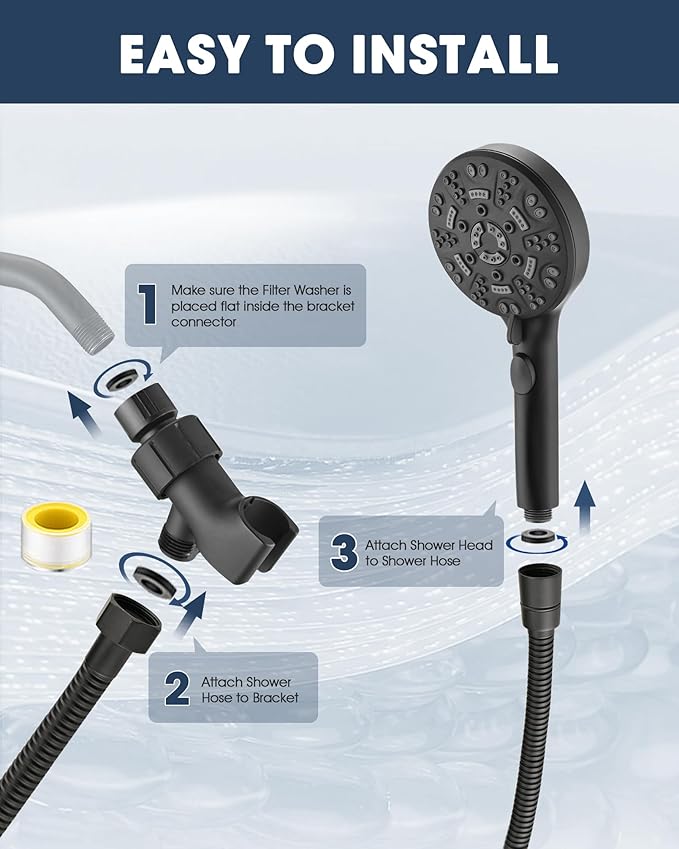 Handheld Shower Head with 6.56ft Extra Long Hose, On Off Switch 8-Seting High Preesure Hand Held Showerhead, Low-Reach Adhesive Holder for Kid, Disable& Elder (Matte Black)