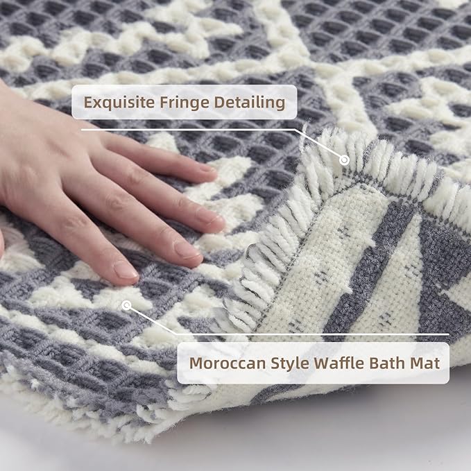 PADOOR Bath Mat-Super Absorbent Bath Mats for Bathroom, Machine Washable Non Slip Bathroom Rug with Tassels, Soft Bathroom Mat for Laundry Room, Bedroom, Grey & Cream 17"x28"