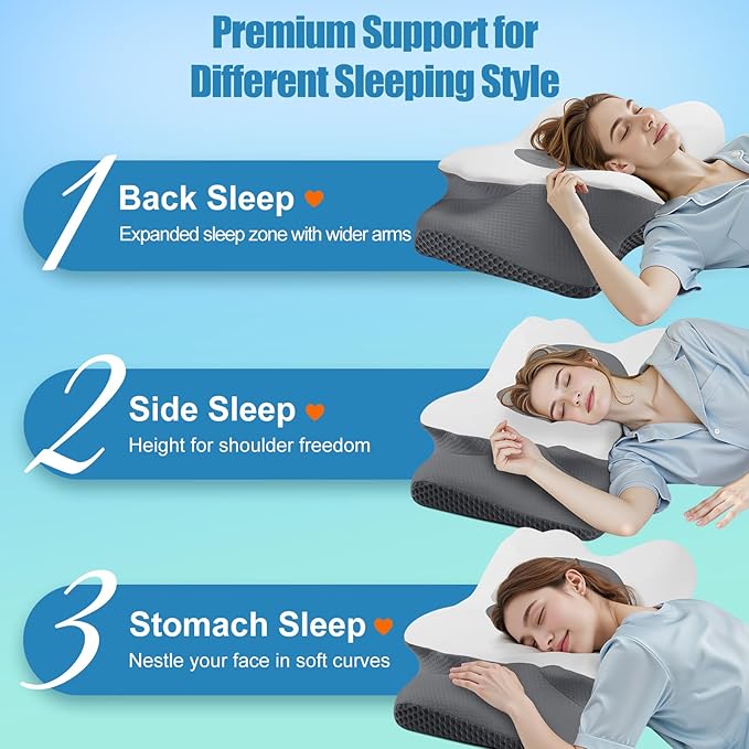 Cervical Neck Pillow for Sleeping, Memory Foam Pillow for Neck Support, Ergonomic Pillow for Pain Relief, Contour Bed Pillow for Side Back Stomach Sleepers, Grey, King Size