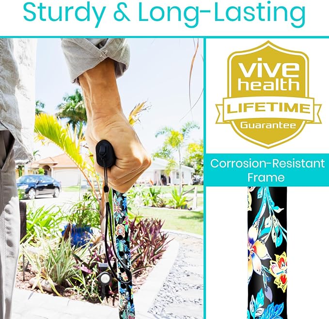 Vive Folding Cane - Foldable Walking Cane for Men, Women - Fold-up, Collapsible, Lightweight, Adjustable, Portable Hand Walking Stick - Balancing Mobility Aid - Sleek, Comfortable (Neon Flower)
