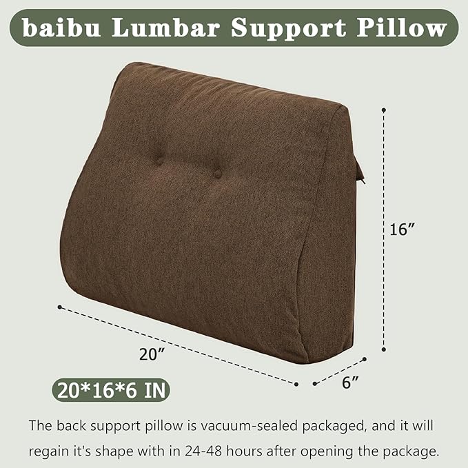 baibu Lumbar Support Pillow for Recliner, Large Memory Foam Dual-Layer Patent Design Back Support Cushion for Sofa & Gaming Chair, Ergonomic Lumbar Pillow with Machine Washable Cover, Brown