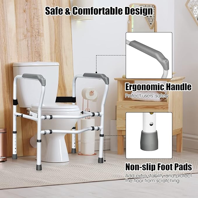 Giantex Toilet Safety Rail Free Standing Safety Assist Frame W/ 360°Rotatable Clip,Adjustable Height & Width Toilet Armrest, 300 LBS Weight Capacity for Disable Elderly Commode Stability Handrails