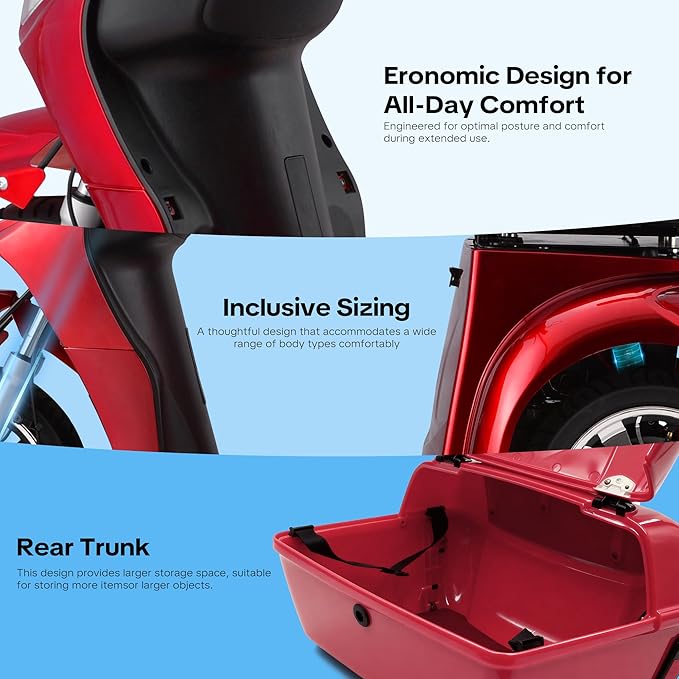 Super Large Electric 4 Wheel Mobility Scooters, Heavy Duty 800W Wheelchair Device, 25 Miles Long Range, All Terrain Mobility Scooter，Speed Adjust, Remote Key,Receive Ready to Ride (3 Wheel -red)