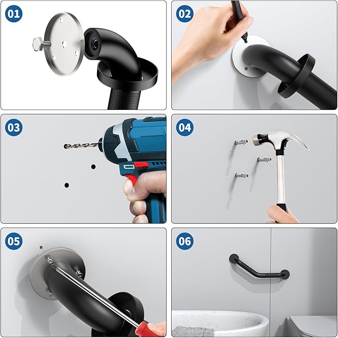 16 Inch Angled Shower Grab Bar,Munzong Black Anti Slip Bathroom Grab Bar, Knurled Bathroom Balance Bar,Safety Hand Rail Support Handicap Elderly Injury Senior Assist Bath Handle