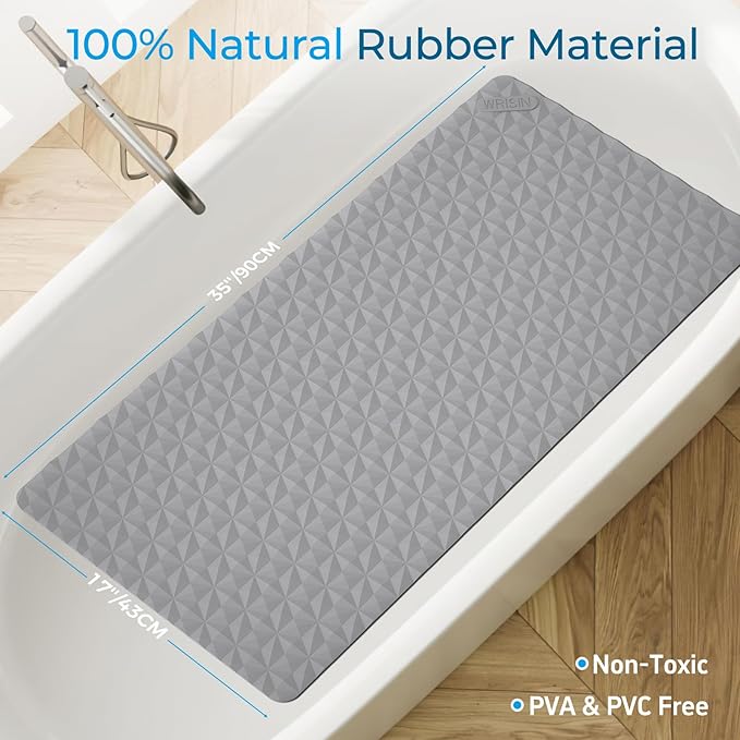 WRISIN Non Slip Bathtub Mat for Bath Tub Shower - Natural Rubber Mat with Suction Cups - Large Soft Bathroom Safety Mat - Unique Diamond Pattern - Fatigue Relief - Machine Washable - 17 × 35 Inch