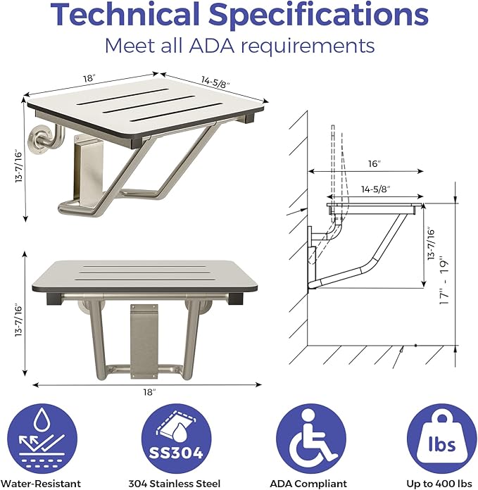 Stardrix 18" x 16" ADA Compliant Phenolic White Folding Shower Seat Bench, Wall Mount Foldable Bathroom Shower Chair with Stainless Steel Support, 400 lbs Capacity
