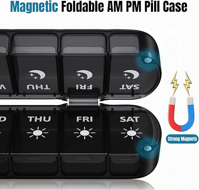 Weekly Pill Organizer 2 Times a Day, Magnetic Foldable AM PM Pill Box with Dual Protection, Large Travel Medication Case for Vitamins, Fish Oils, Supplements (Black)