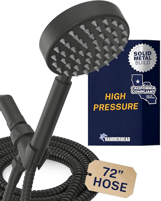 HammerHead Showers® Solid Metal LOW FLOW Handheld Shower Head with Hose and Brass Holder - MATTE BLACK – Water Saving 1.75 GPM Detachable Shower Head - Adjustable Shower Wand Bracket & 6ft Hose