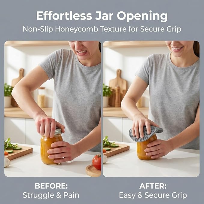 4-Pack Silicone Jar Opener Pads, 2 Gray & 2 Pink Non-Slip Grippers for Seniors, Easy Open Tight Lids, Versatile Hot Pad Mat for Kitchen Counter and Hot Dishes (17.5cm Diameter)