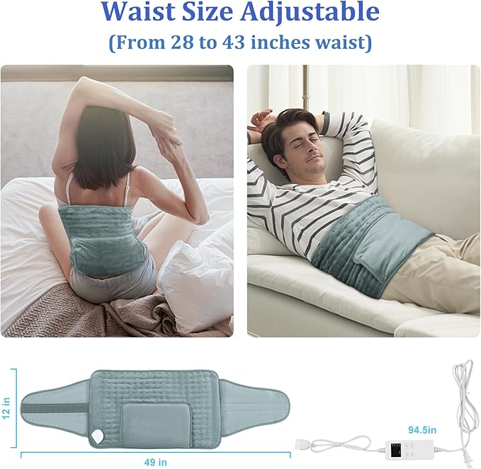 Heating Pad Back Pain Relief Electric Heating Pad for Period Cramps Lower Back Neck Shoulders Pain Relief 6-Hour Auto Off 12x24 Heated Pad + 20" Belt 4 Timer 6 Heat Level Wrap (Gray)