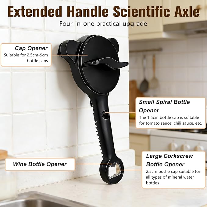4 in 1 Multi-Purpose Jar Opener,Adjustable Stainless Steel Jar Opener,Multi-Functional Retractable Jar & Bottle Openers,Multi Size Lid Tool for Jars Cans Wine Bottles,Home Kitchen Helper(Black)