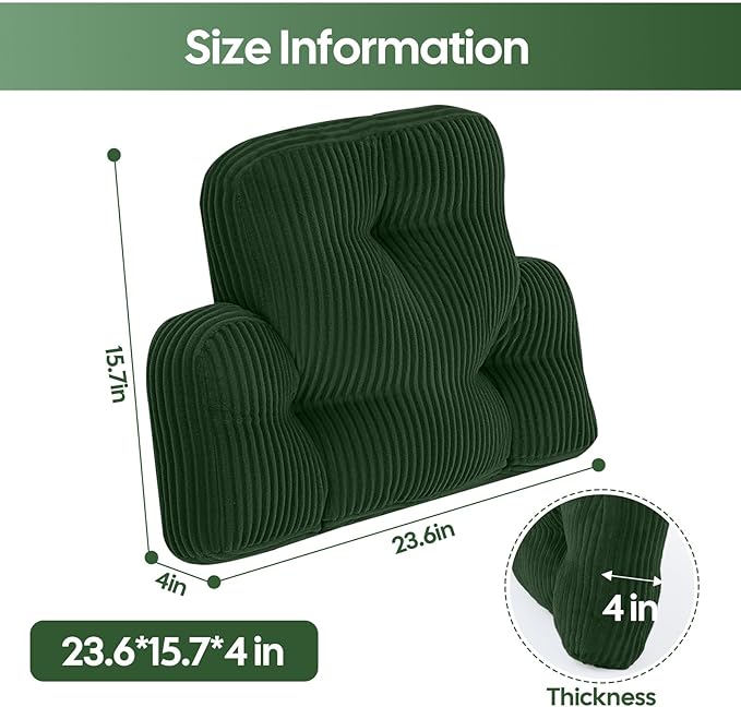 Lumbar Support Pillow for Recliner, Large Back Support Pillow for Office Chair, Tufted Corduroy Back Cushion for Elderly, Lower Back Pain Relief, Ideal for Sofa & Couch, Green