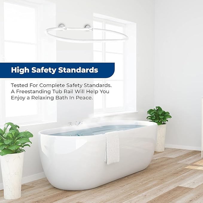 Oval Shower Curtain Rail Rod For Bathroom, Ceiling Mounted for Clawfoot Tub, Large and Heavy Duty Wall Mounted with Adjustable Support - 45 x 25 Inch (Free Curtain Rings) White